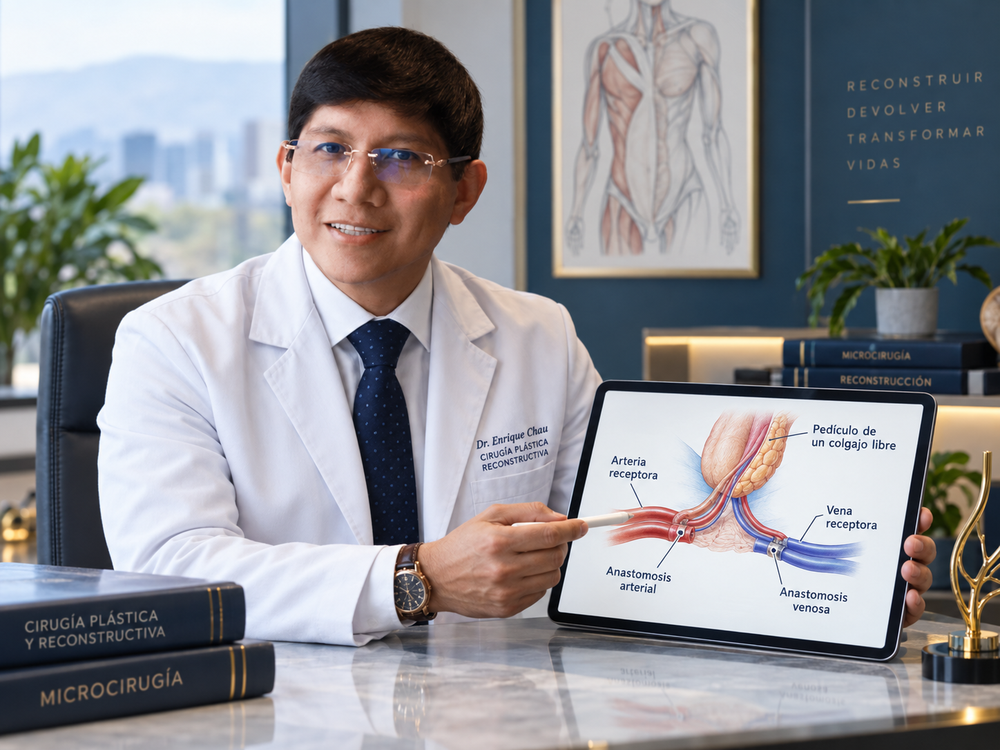Dr. Enrique Chau explicando vasos receptores en microcirugía, arteria receptora, vena receptora, pedículo de colgajo libre y anastomosis microvascular