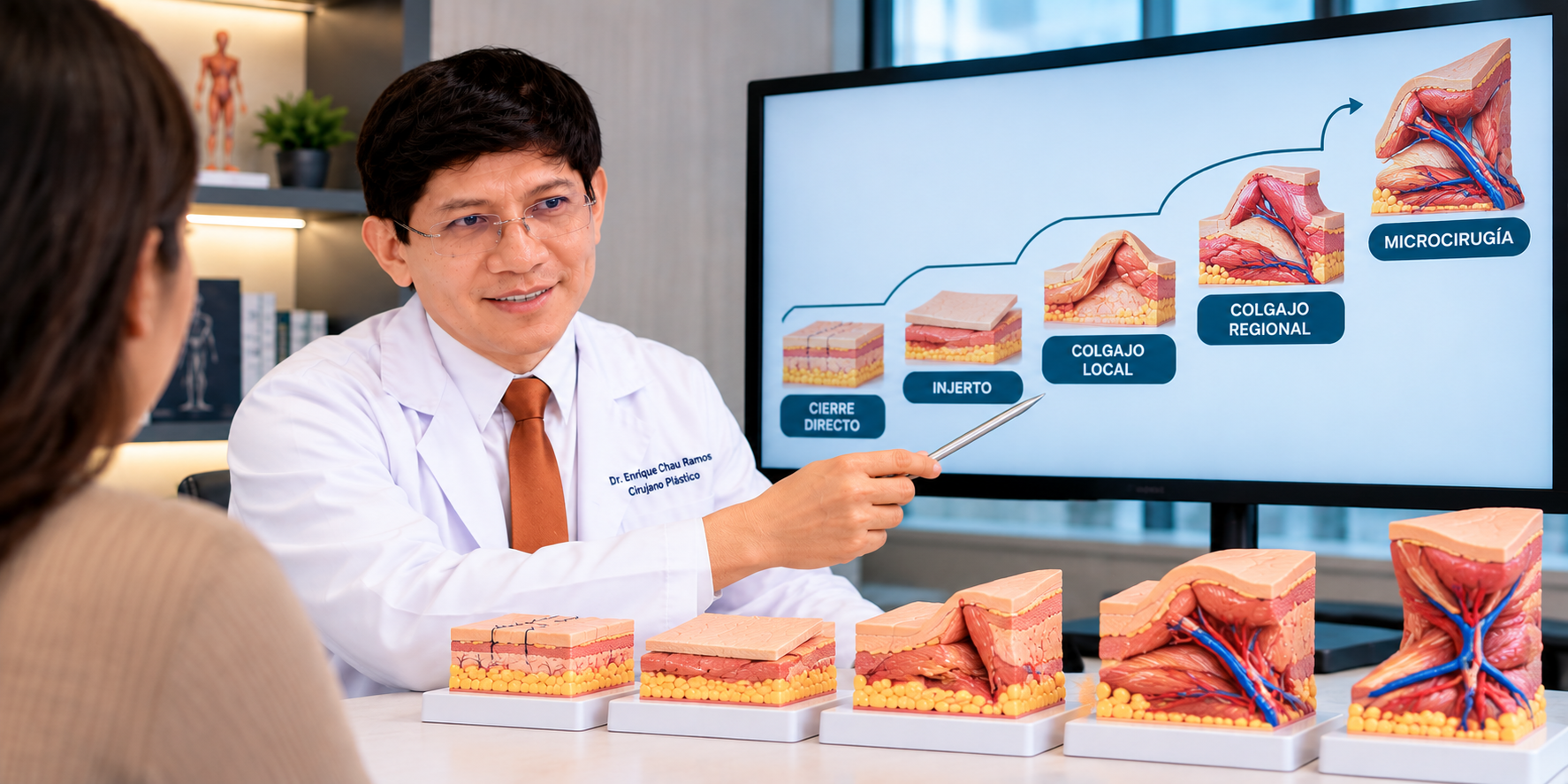 Dr. Enrique Chau Ramos explicando la escalera reconstructiva con cierre directo, injerto, colgajos y microcirugía